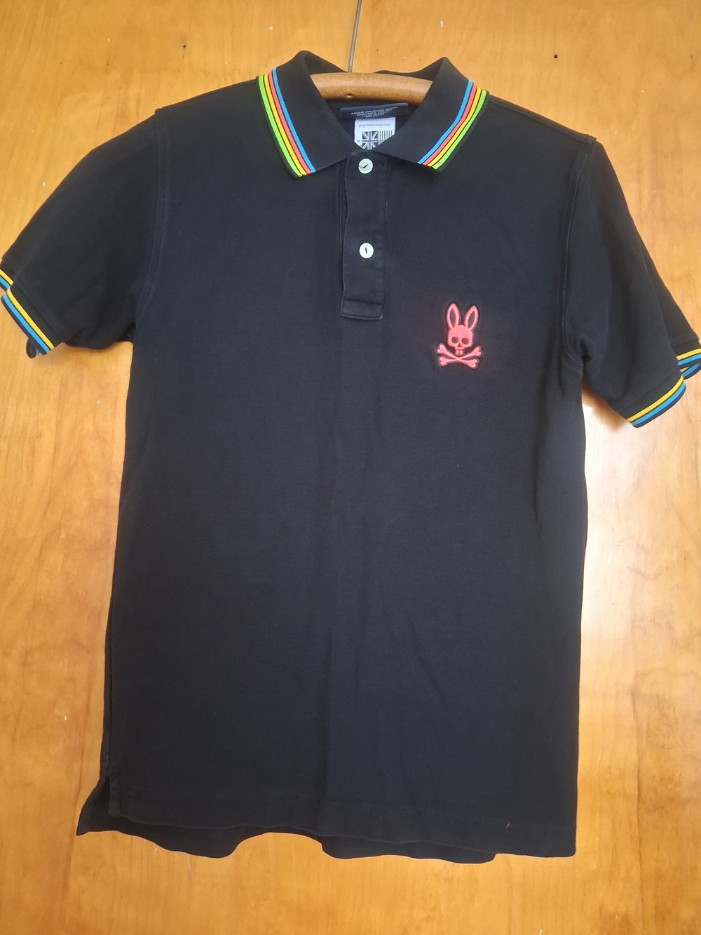Psycho Bunny Black Polo with Rainbow Stripe Trim Red Bunny Logo 100% Pima Cotton